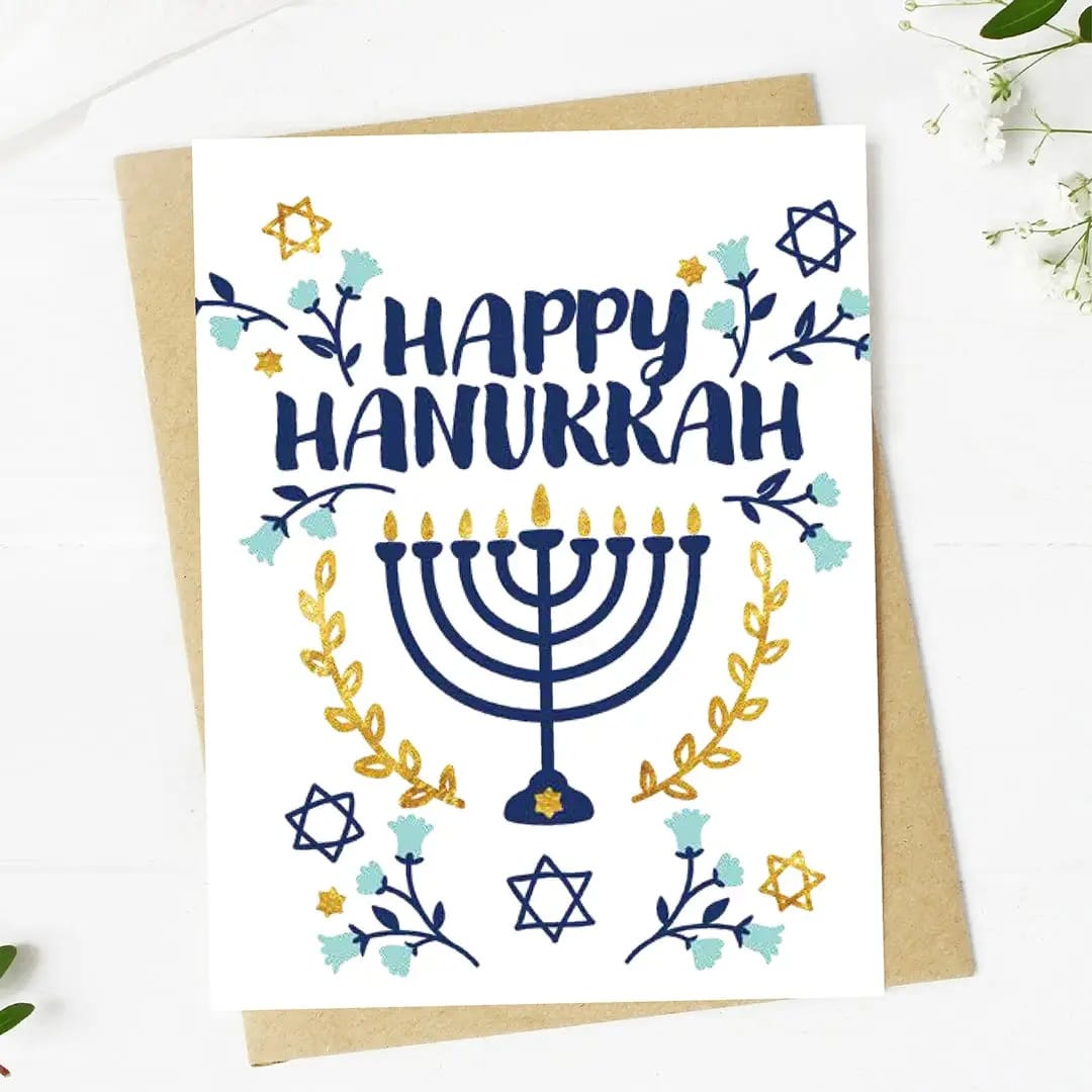 Hanukkah card, Happy Hanukkah greeting, menorah card, Jewish holiday card, Festival of Lights, winter holiday card, handmade greeting card, blank holiday card, premium stationery