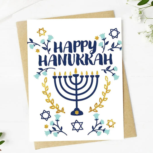 Hanukkah card, Happy Hanukkah greeting, menorah card, Jewish holiday card, Festival of Lights, winter holiday card, handmade greeting card, blank holiday card, premium stationery