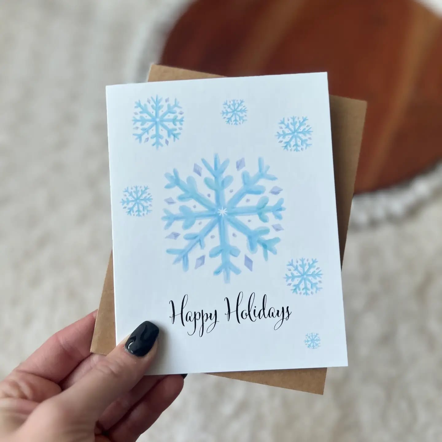 happy holidays snowflake card, christmas greeting card, hand drawn holiday card, winter card, blank inside card, minimalist holiday stationery, elegant christmas card, festive greeting card, snowflake design card, YENology holiday cards
