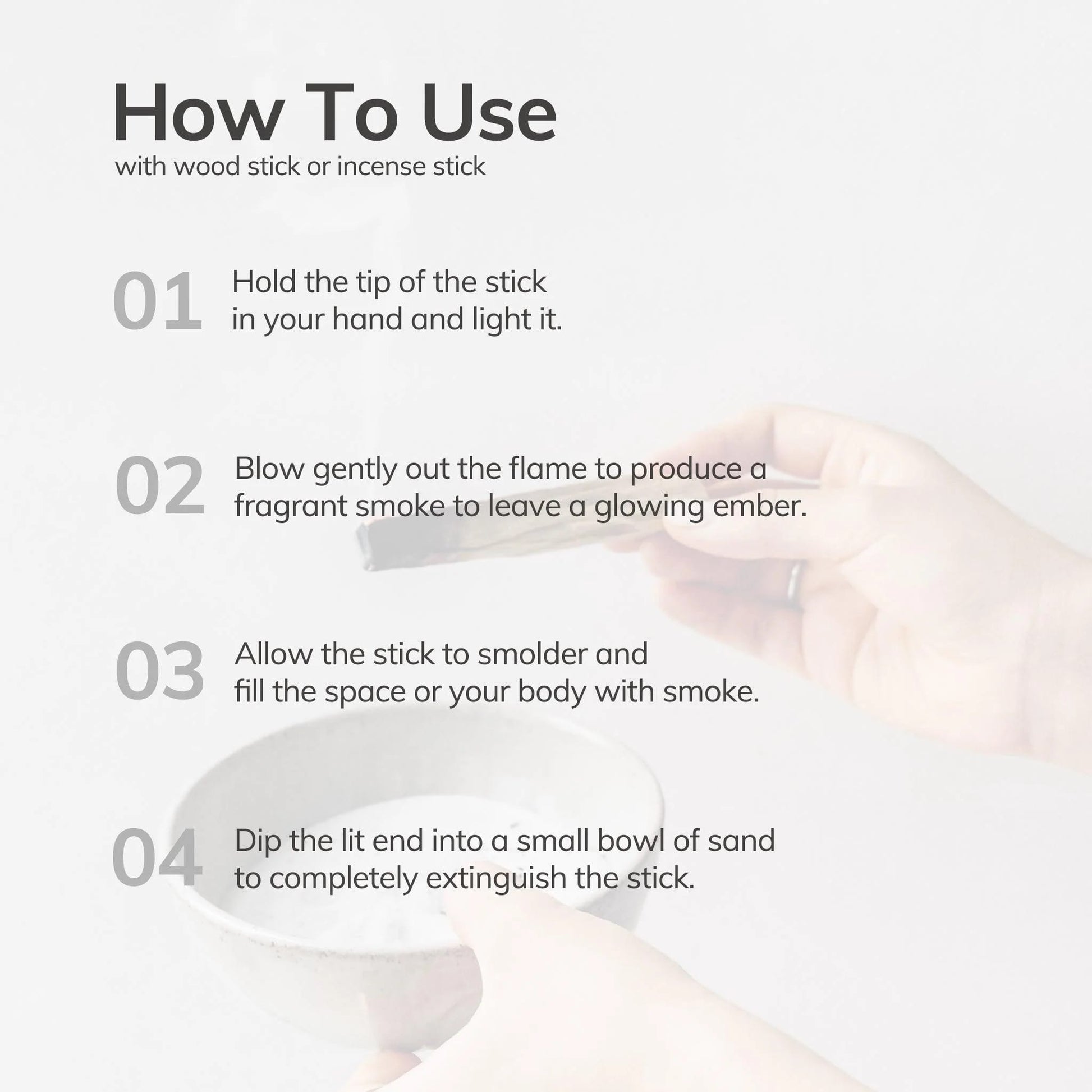 Instructions on how to use a wood stick or incense stick with text and a blurred background.