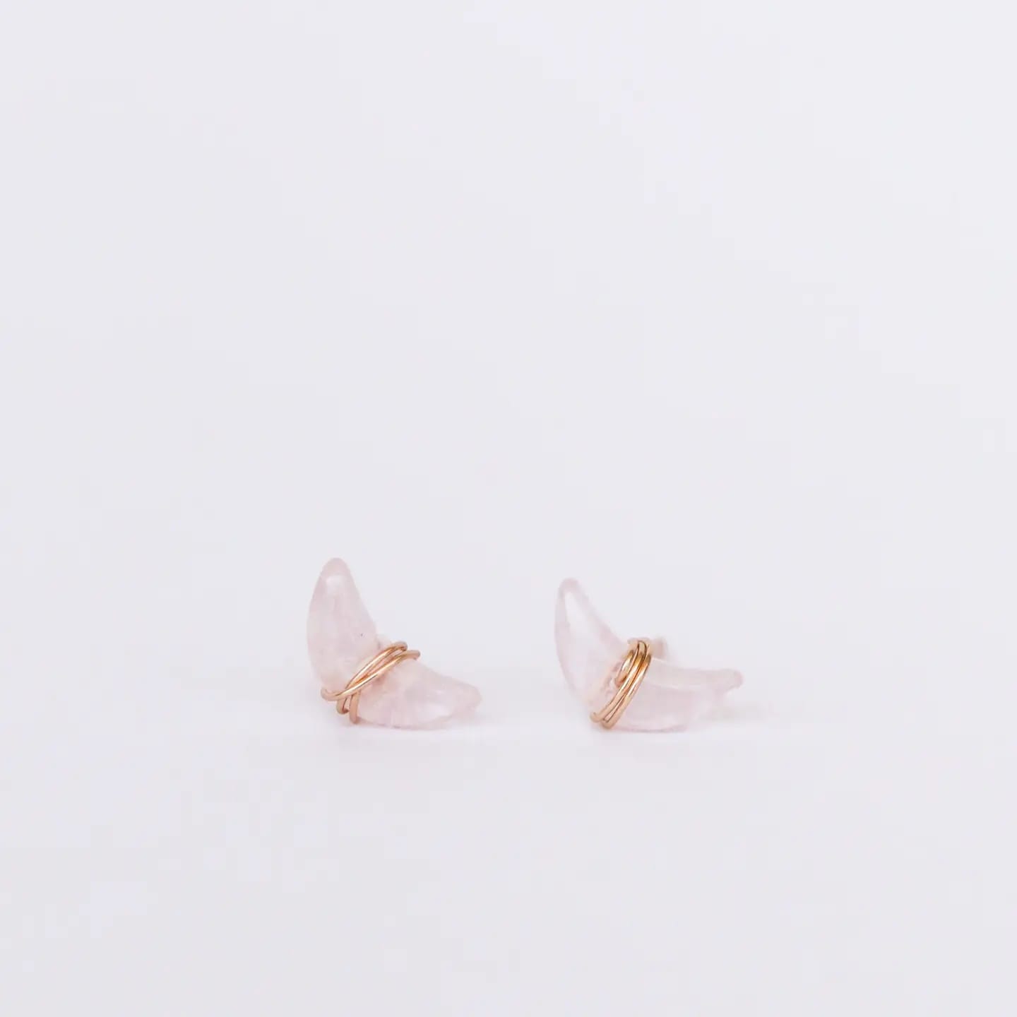 rose quartz earrings, moon earrings, wire wrapped earrings, gemstone crescent earrings, celestial jewelry, gold moon studs, hypoallergenic earrings, natural stone earrings