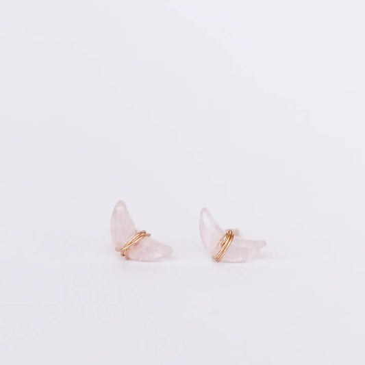 rose quartz earrings, moon earrings, wire wrapped earrings, gemstone crescent earrings, celestial jewelry, gold moon studs, hypoallergenic earrings, natural stone earrings