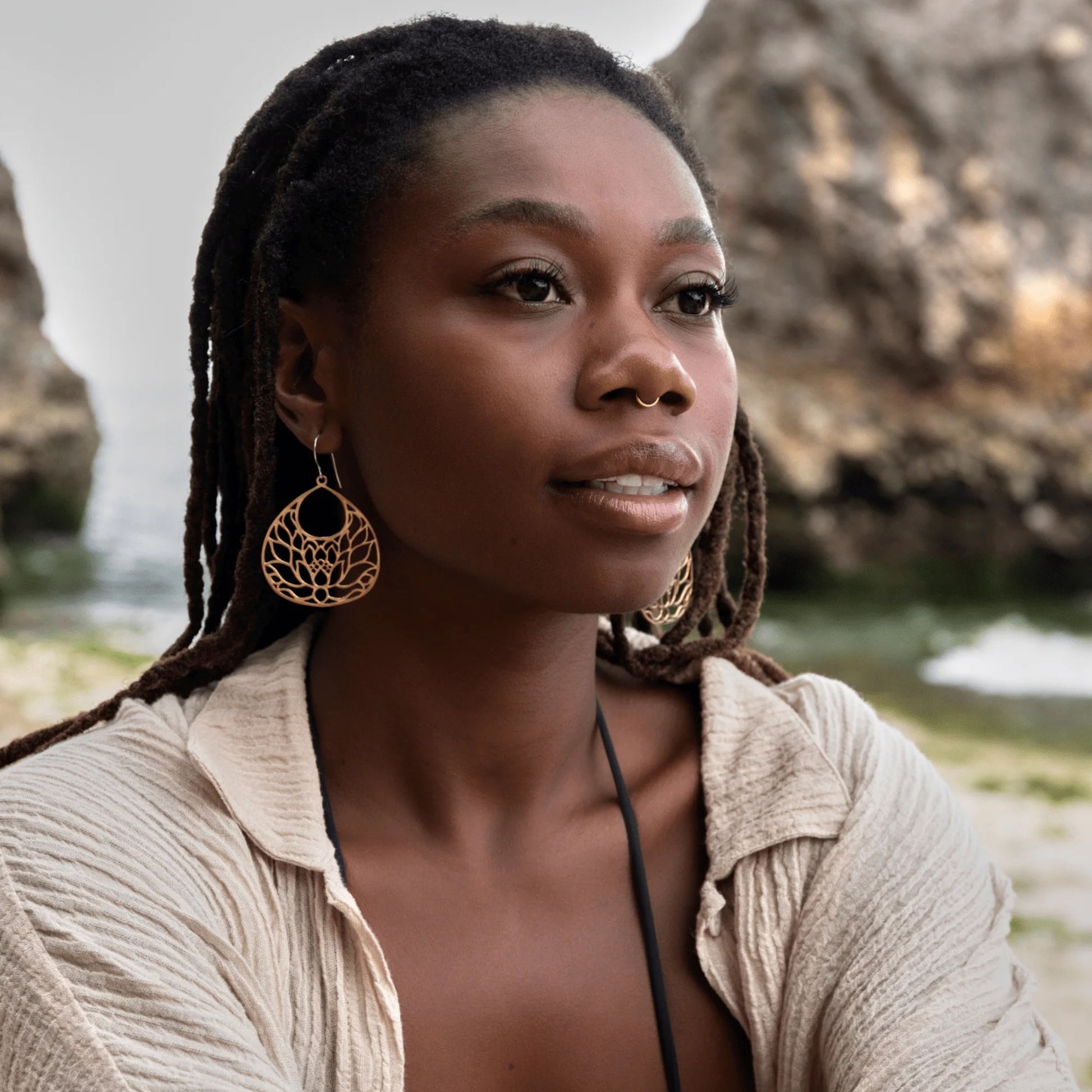 boho chic jewelry, resilience jewelry, transformation jewelry, peace jewelry, yoga jewelry, artisan jewelry, lotus drop earrings, YENology jewelry, feminine strength jewelry