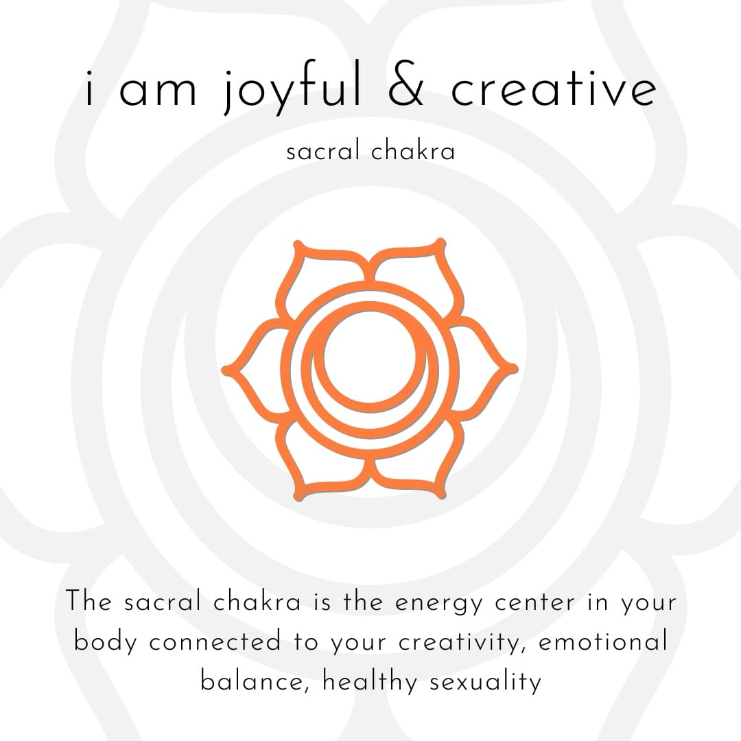 Orange Sacral chakra symbol with text about joyful and creative energy on a white background