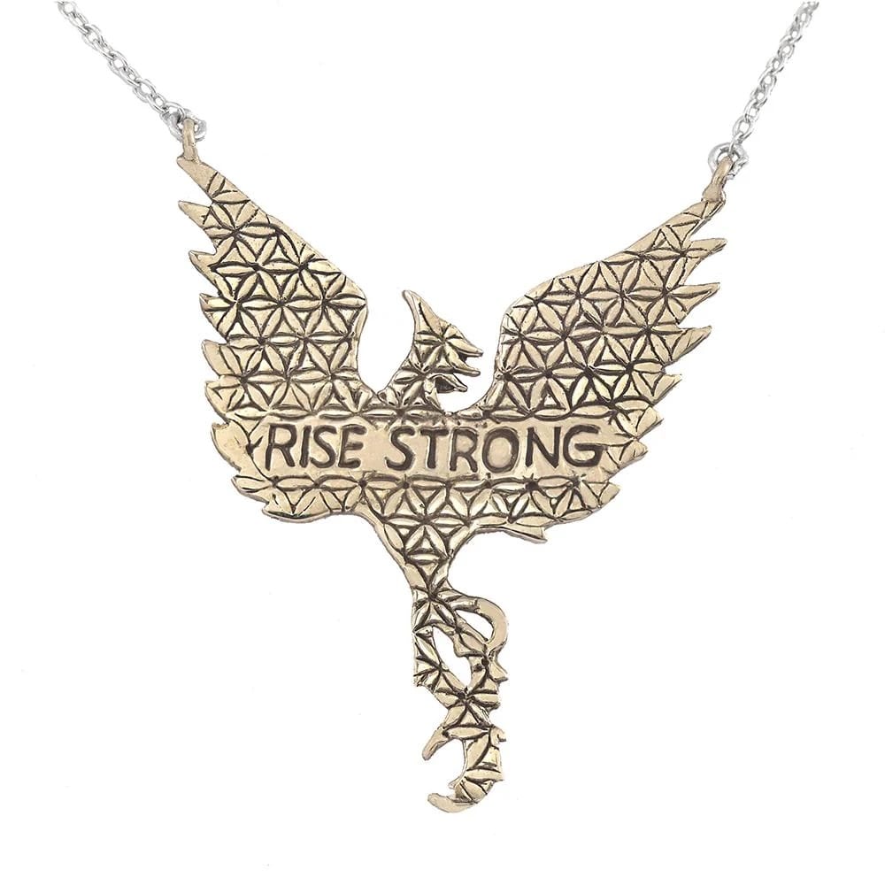 Gold phoenix necklace with 'Rise Strong' inscription on a white background