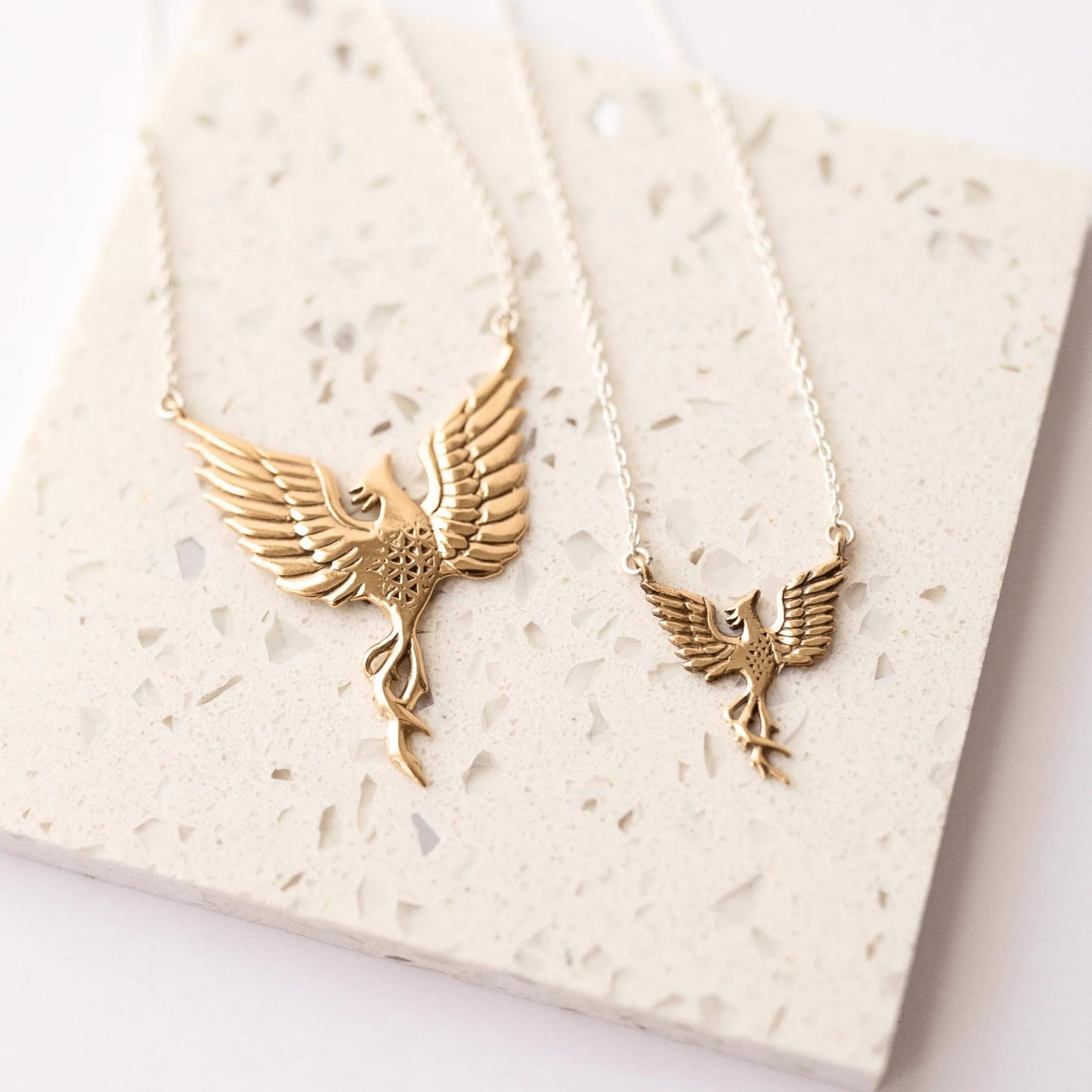 Phoenix "Rise Strong" Necklace Large Bronze on Silver Chain