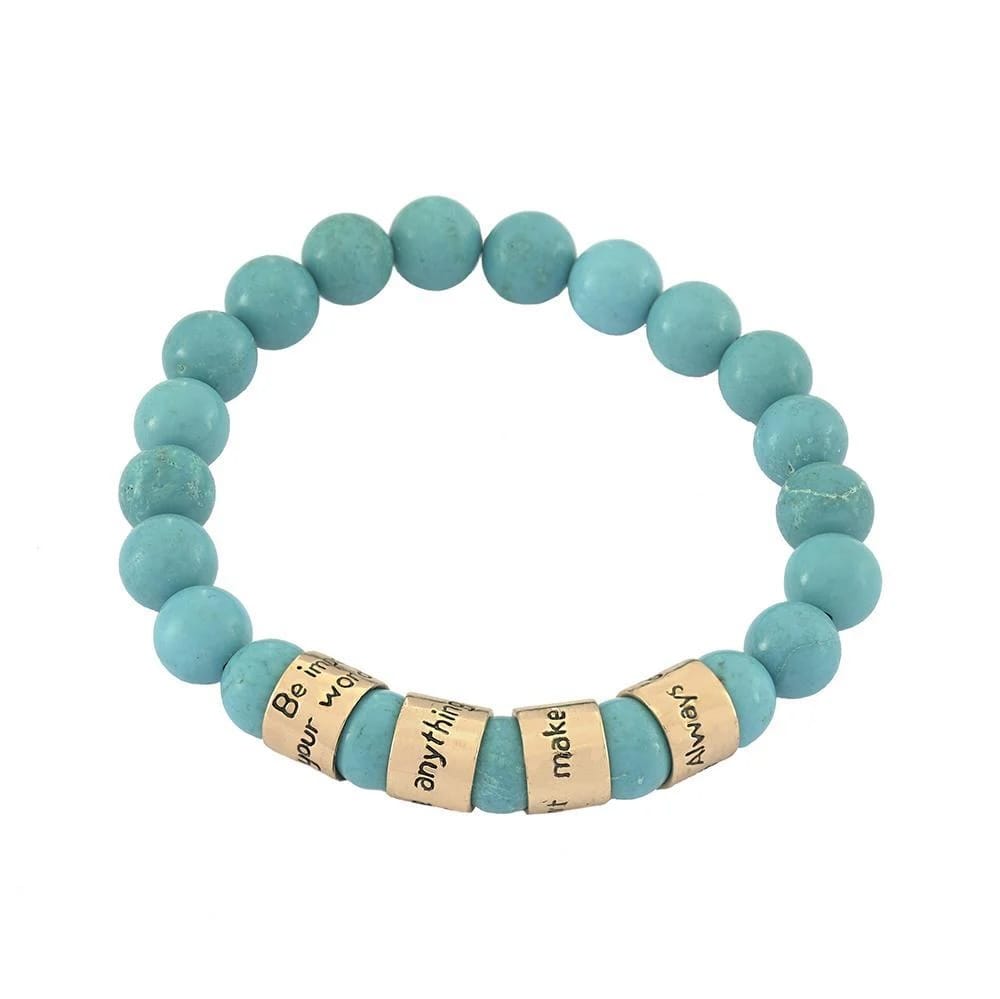 Four Agreements bracelet, turquoise gemstone bracelet, Jewelry Evolution, don Miguel Ruiz jewelry, Toltec wisdom jewelry, throat chakra bracelet, bronze beaded bracelet, mindful jewelry, spiritual bracelet, YENology accessories