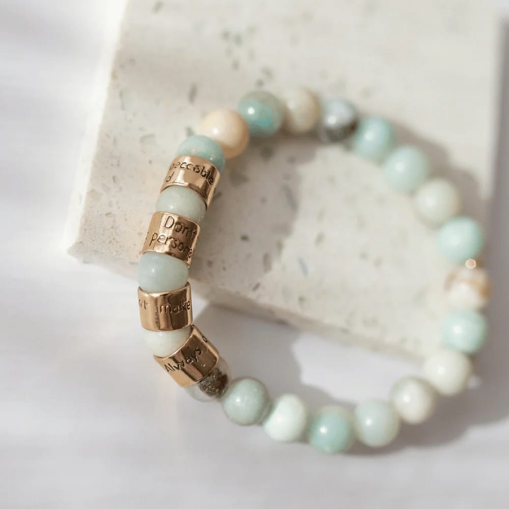 Four Agreements bracelet, amazonite bracelet, Jewelry Evolution, don Miguel Ruiz jewelry, Toltec wisdom bracelet, heart chakra jewelry, mindfulness bracelet, gemstone bracelet, spiritual jewelry, YENology accessories