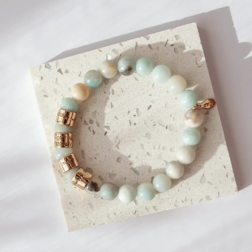 Four Agreements bracelet, amazonite bracelet, Jewelry Evolution, don Miguel Ruiz jewelry, Toltec wisdom bracelet, heart chakra jewelry, mindfulness bracelet, gemstone bracelet, spiritual jewelry, YENology accessories