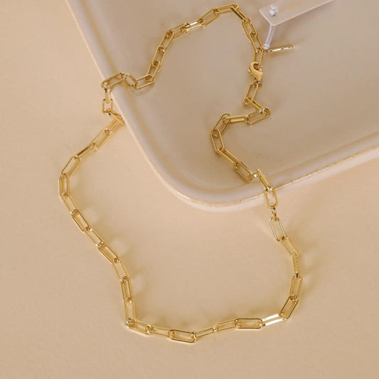18k gold paper clip chain, large link necklace, gold chain necklace, tarnish-free jewelry, hypoallergenic gold necklace, adjustable gold chain, gold layering necklace, water-resistant gold jewelry, 18k plated necklace, elegant gold statement chain