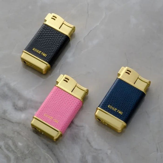 Rogue Paq lighter, refillable butane lighter, gold-tone lighter, luxury smoking accessory, sustainable lighter, reusable lighter, vegan leather lighter, Vianel lighter
