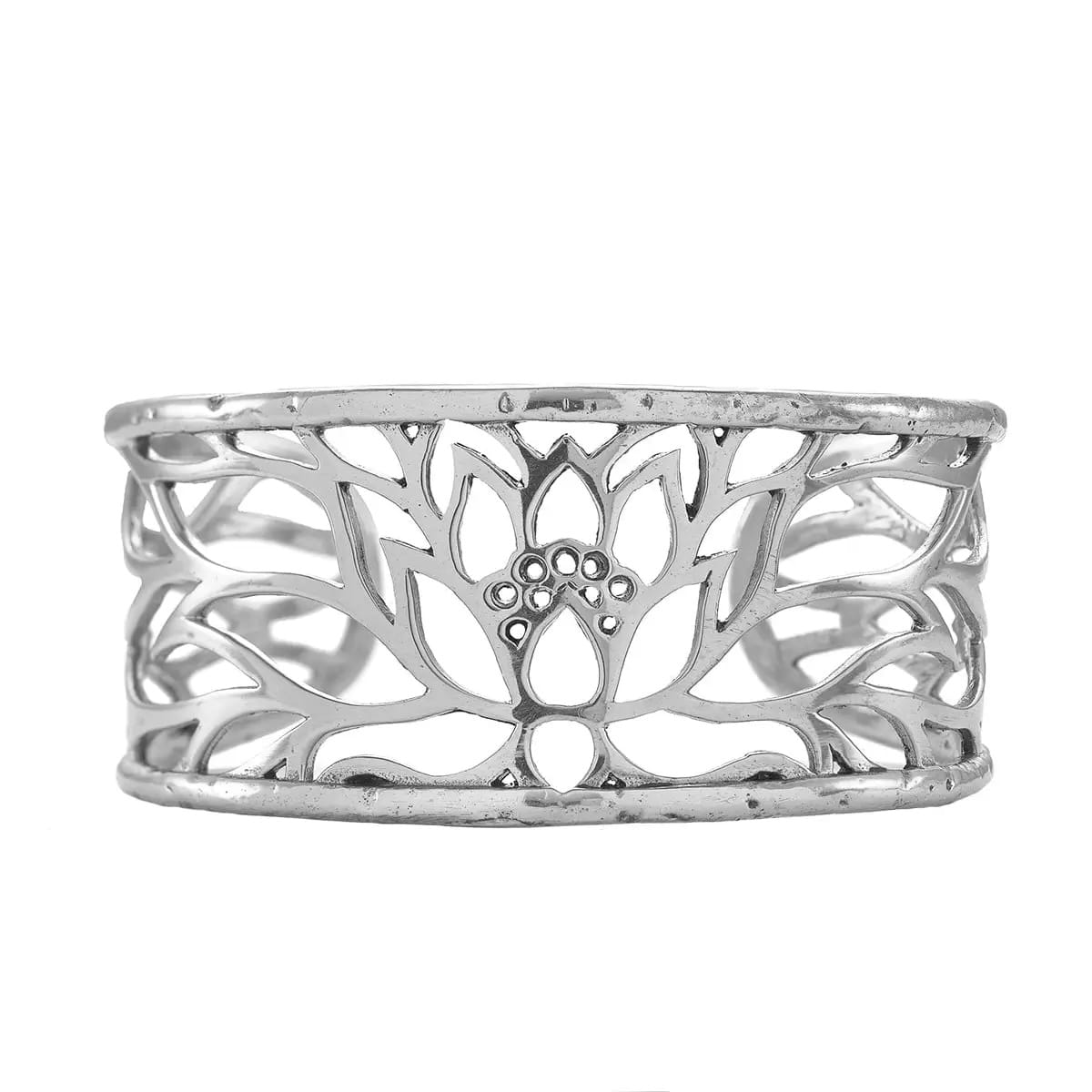 lotus jewelry, sterling silver cuff, symbolic bracelet, spiritual jewelry, mindfulness jewelry, handcrafted jewelry, Bali artisan jewelry