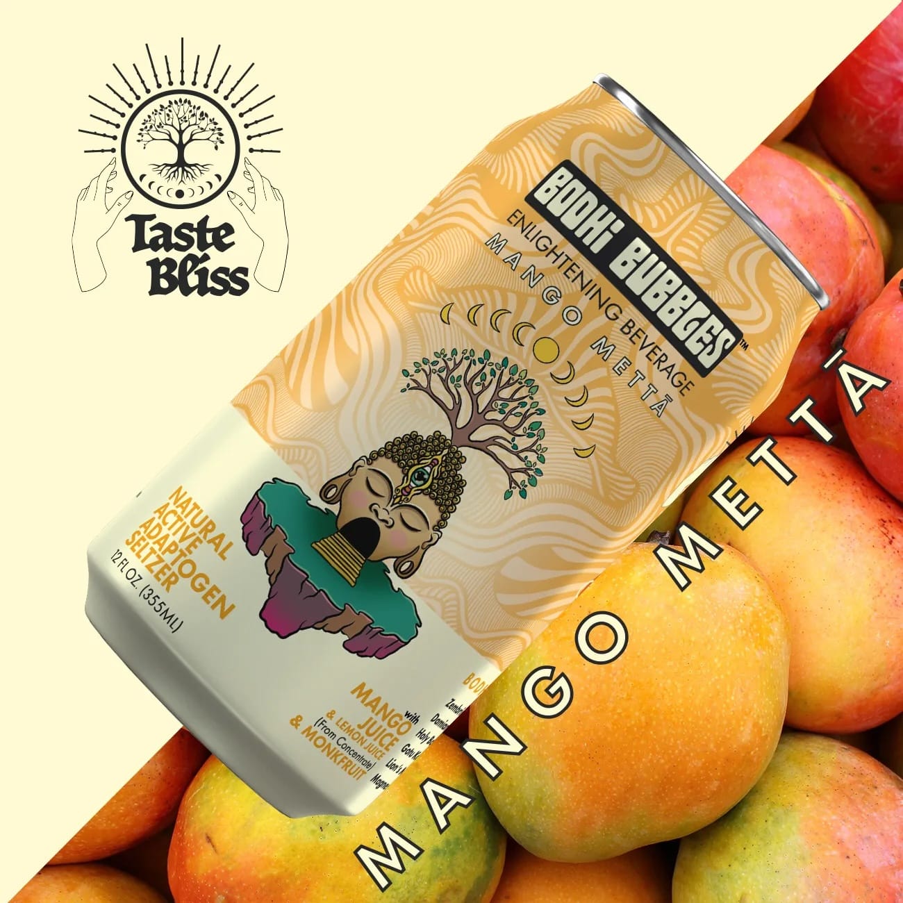 Mango Metta adaptogen seltzer with 15 calories. Juicy mango + botanicals for clarity, calm & balance. Alcohol-free, low-carb sparkling refreshment.