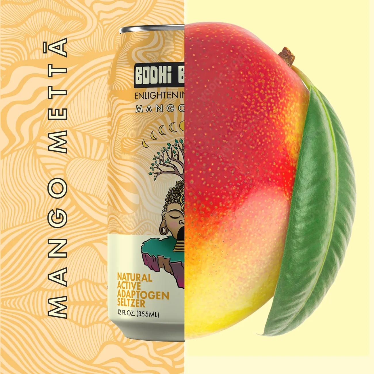 Mango Metta adaptogen seltzer with 15 calories. Juicy mango + botanicals for clarity, calm & balance. Alcohol-free, low-carb sparkling refreshment.