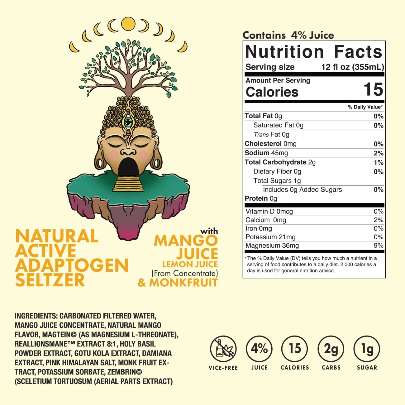 Nutrition facts label for a natural active adaptogen seltzer with mango lemon juice and monkfruit.
