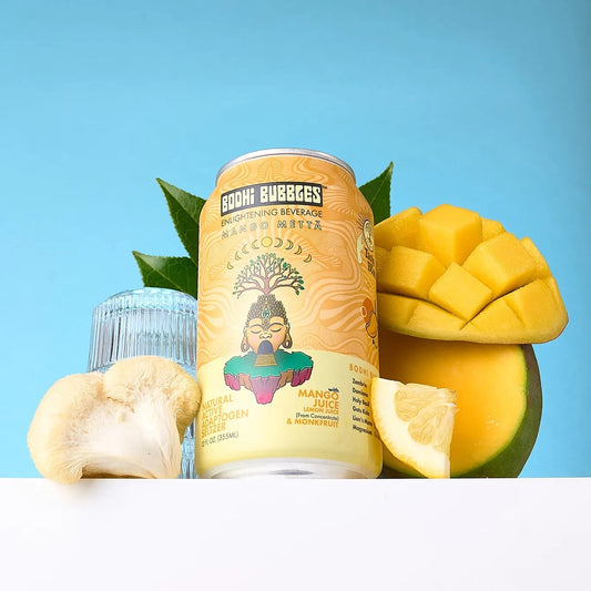 Mango Metta adaptogen seltzer with 15 calories. Juicy mango + botanicals for clarity, calm & balance. Alcohol-free, low-carb sparkling refreshment.
