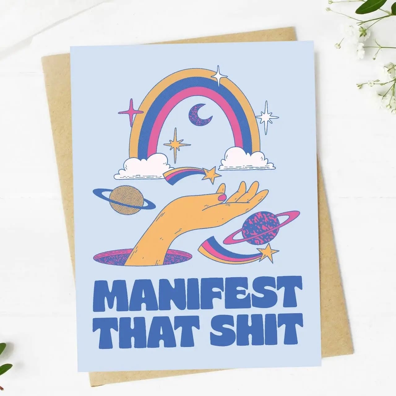 manifestation card, motivational greeting card, funny encouragement card, sarcastic card, new year card, manifest that shit card, affirmation card, hand-drawn stationery, inspirational card, blank inside card