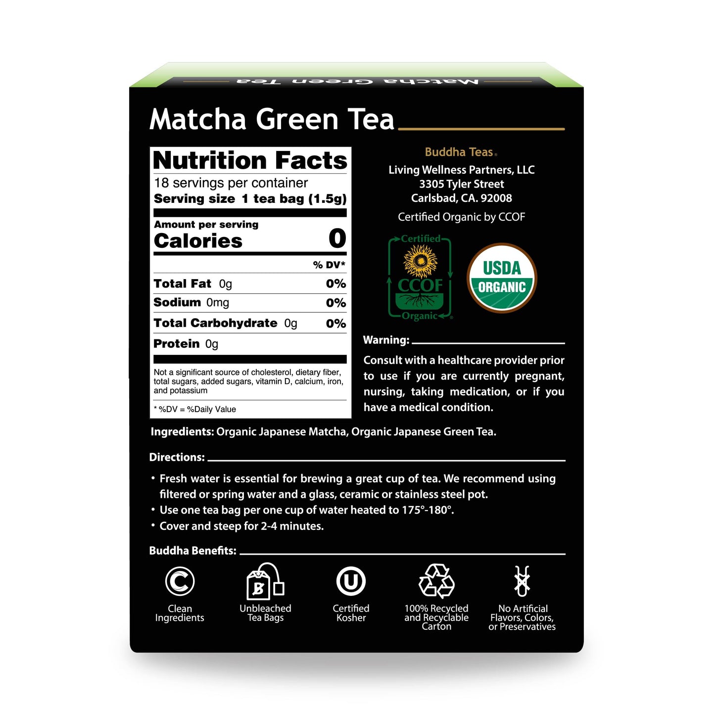 Box of Matcha Green Tea with nutrition facts and branding details on a white background