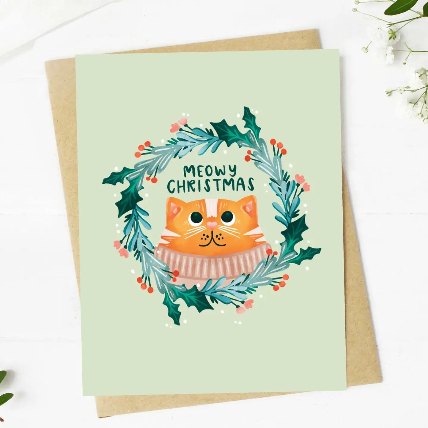 meowy christmas card, cat christmas card, cute cat holiday card, funny christmas greeting card, holiday cards for cat lovers, pun greeting card, blank inside holiday card, hand-drawn christmas card, stocking stuffer cards
