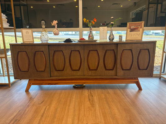 mid-century modern console, Pity to Posh furniture, refurbished mid-century piece, Java glaze console, vintage low-rise cabinet, MCM storage unit, mid-century media console, modern restored furniture