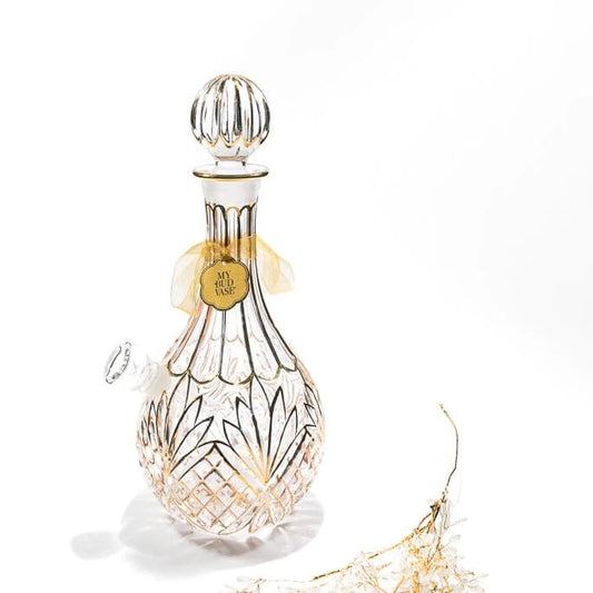 Stardust My Bud Vase, My Bud Vase, luxury bong, decorative vase bong, golden glass bong, hand painted glass, textured glass decanter, cannabis vase, artistic smoking accessory, elegant glassware, gold detailing bong, female-owned brand, collector glass piece, functional art, 70s inspired decor, YENology My Bud Vase, glass smoking accessory, gold accent home decor, elevated smoking ritual, luxury cannabis accessory