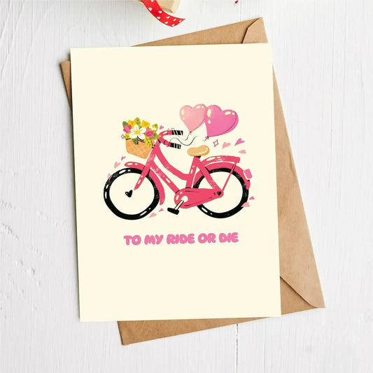 valentines day card, anniversary card, love card, ride or die card, romantic greeting card, cute valentine card, heart bicycle card, hand drawn card, card for boyfriend, card for girlfriend, whimsical love card