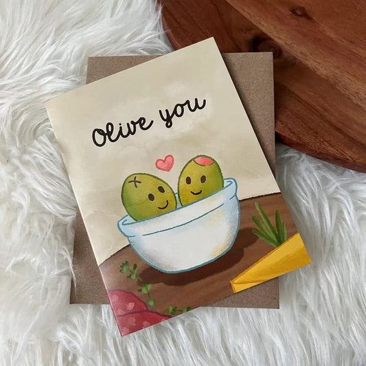 olive you card, pun valentine card, cute anniversary card, romantic greeting card, funny love card, hand-drawn valentine’s day card, blank inside card, couples gift card, cute pun card, olive you greeting