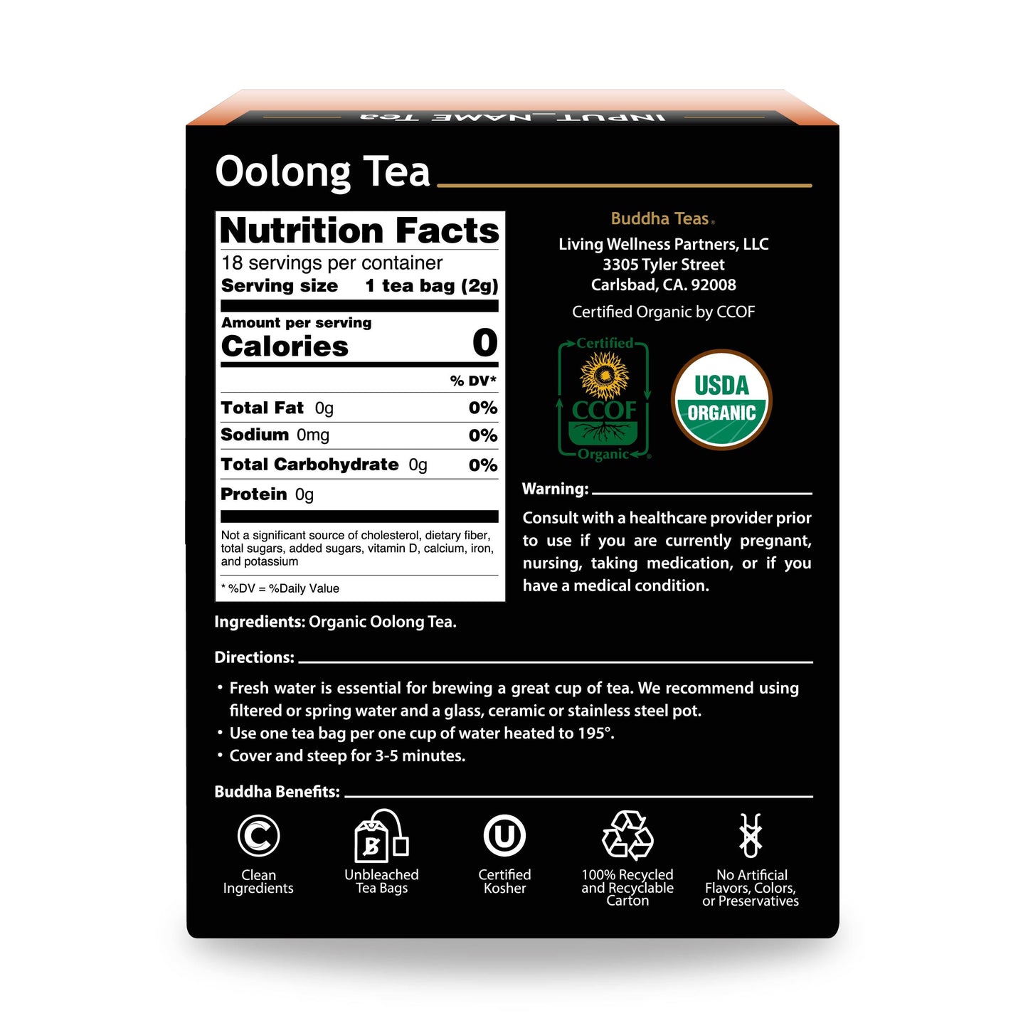 Oolong tea package with nutrition facts and certification logos on a white background