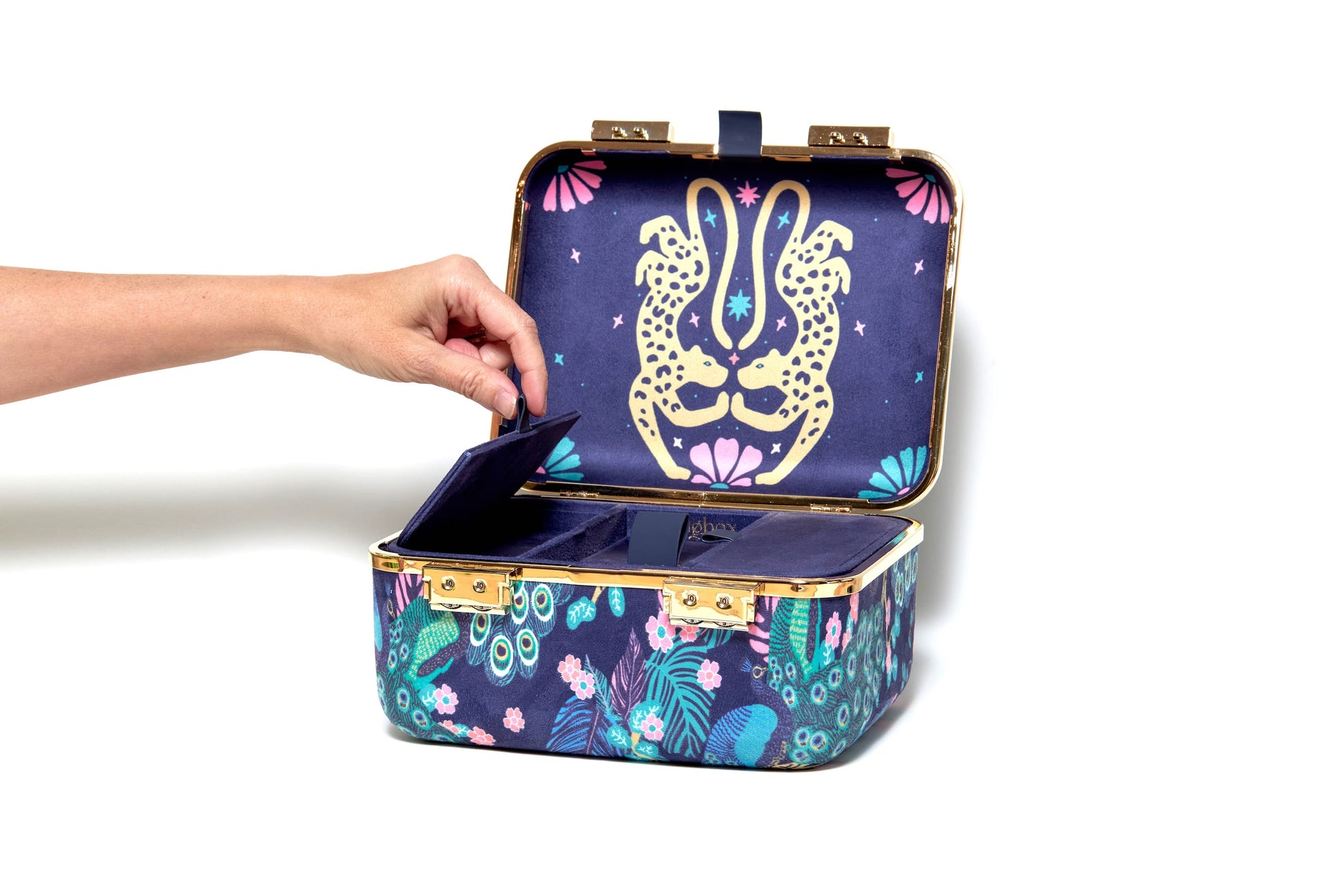 Colorful makeup case with a decorative design on a white background