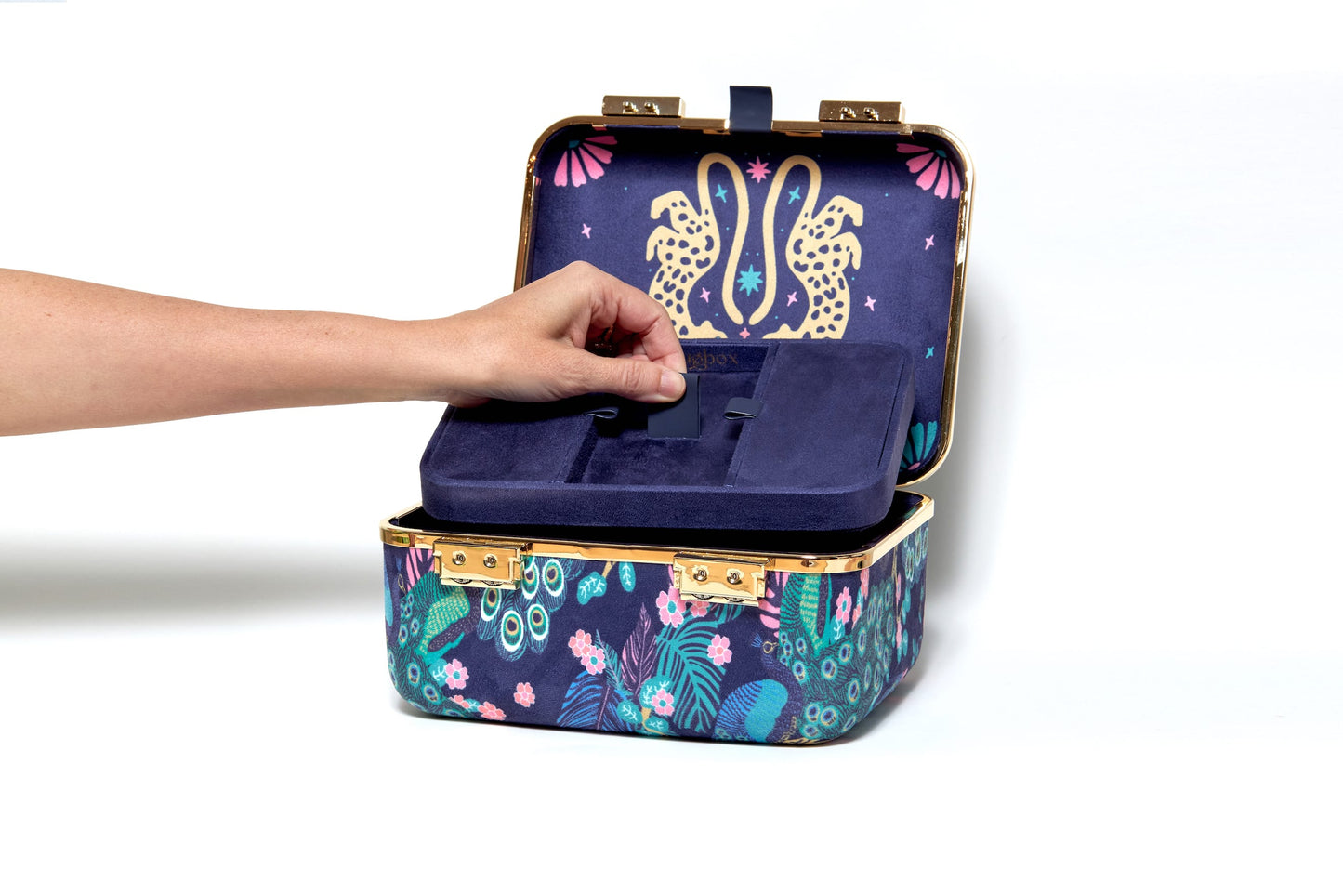 Colorful makeup case with floral and animal designs, being held open by a hand.