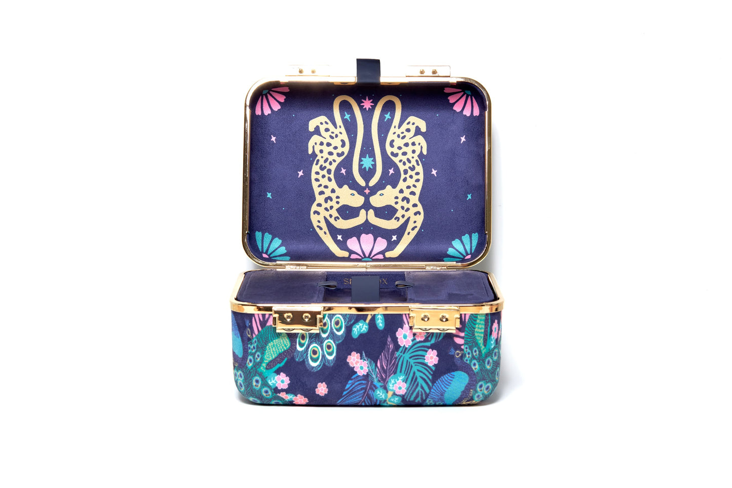 Decorative jewelry box with a gold cat design on a blue background