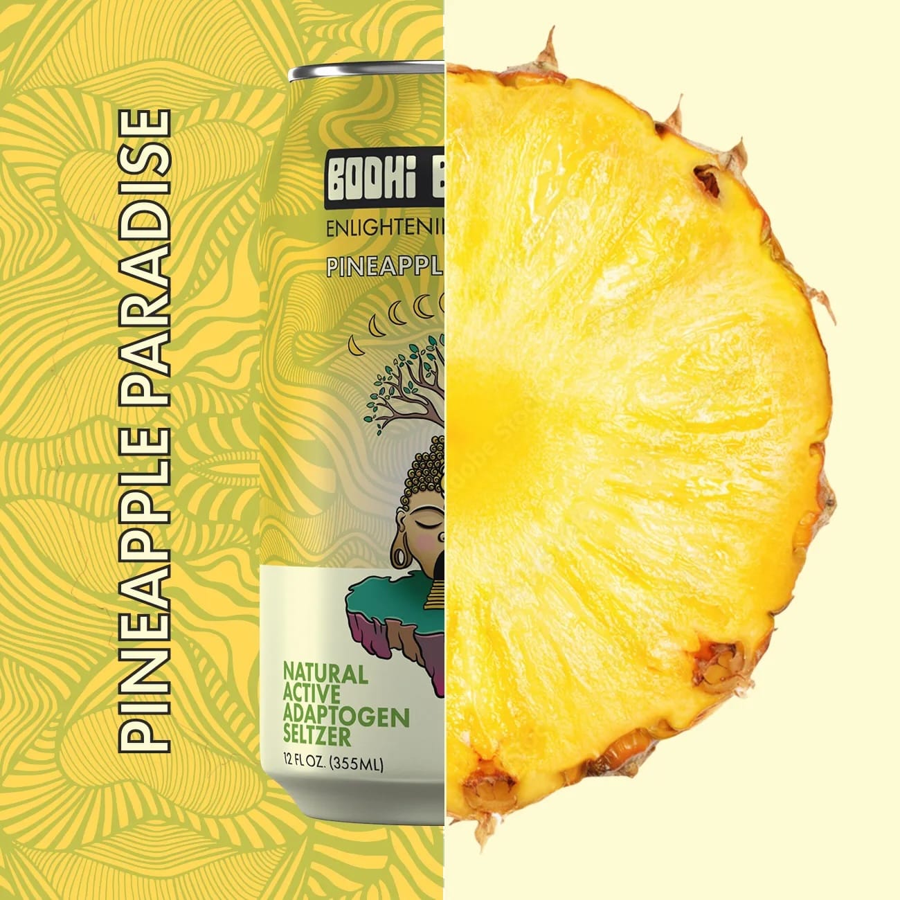 Bodhi Bubbles Pineapple Paradise can with a pineapple slice on a yellow background