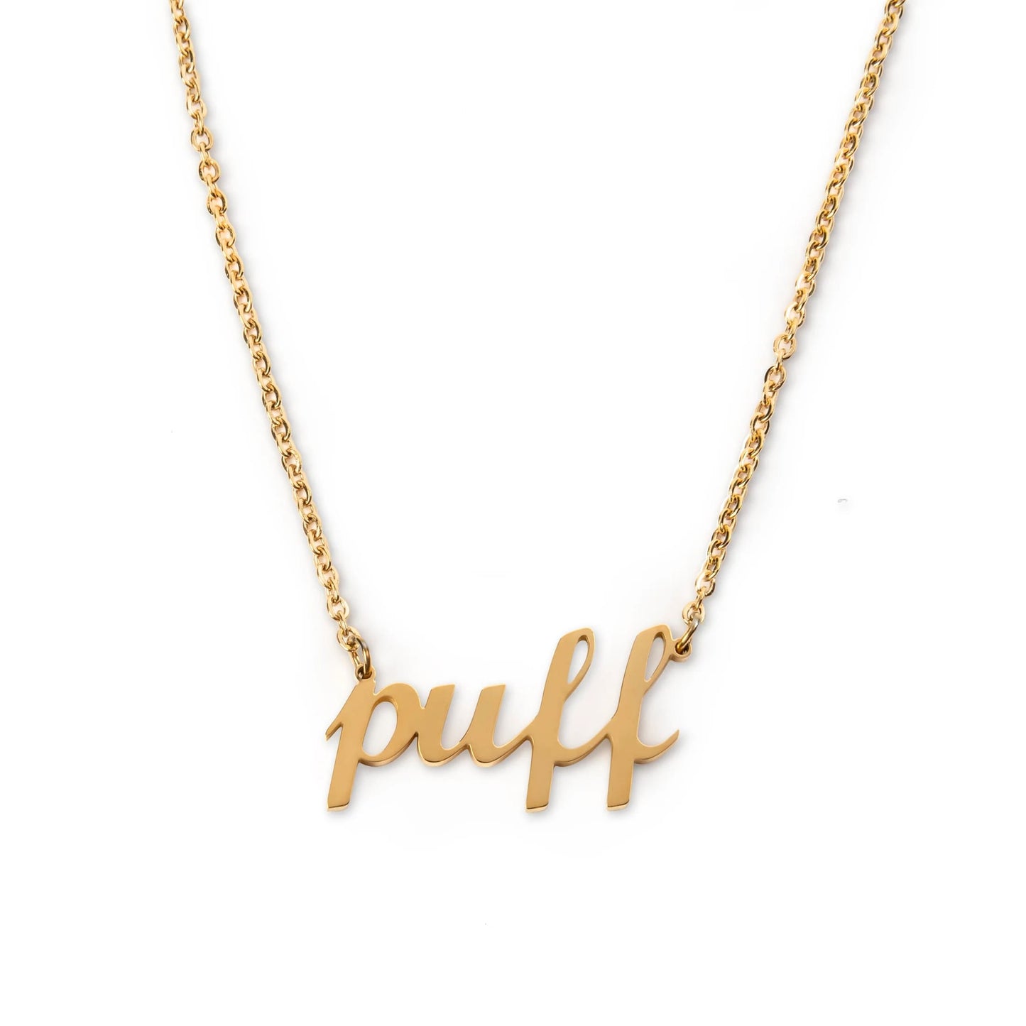 Gold necklace with 'puff' pendant on a white background