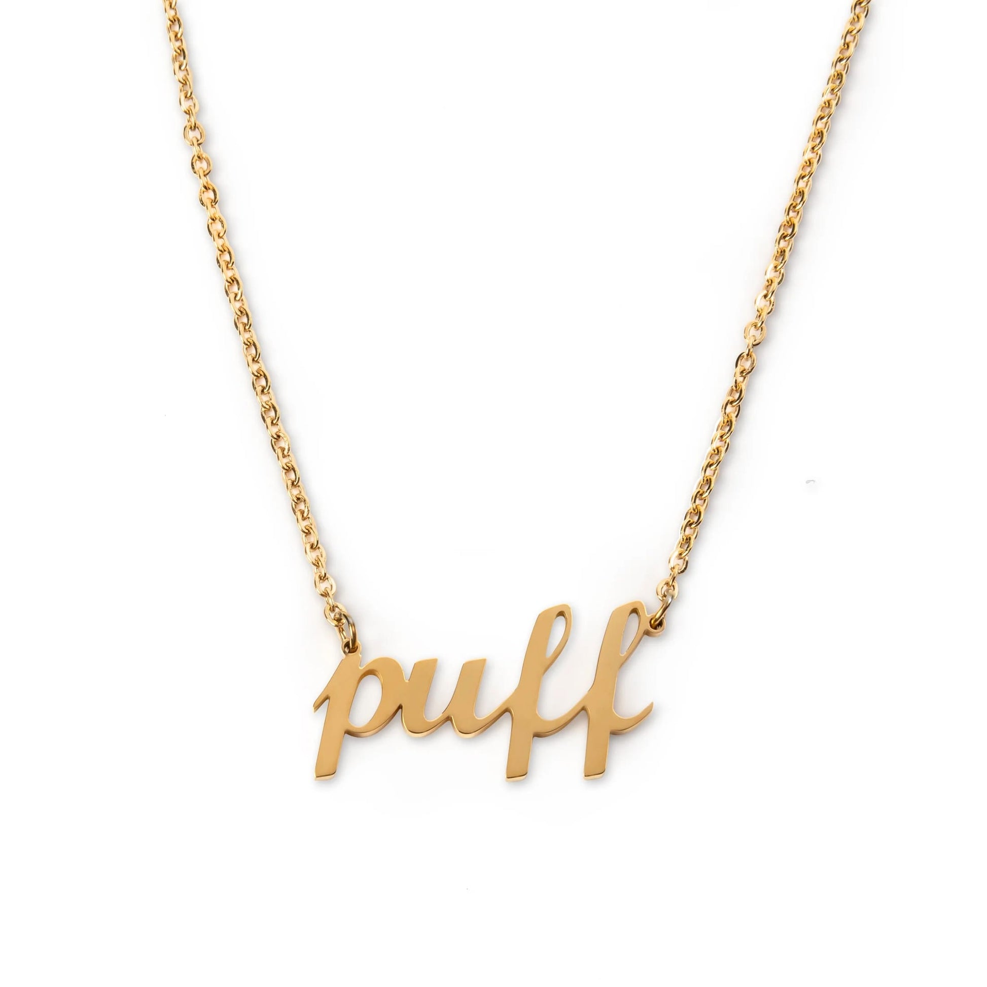 Gold necklace with 'puff' pendant on a white background