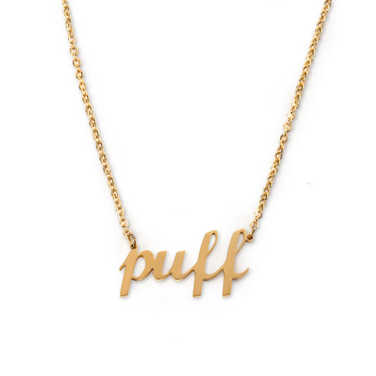 Gold necklace with 'puff' pendant on a white background