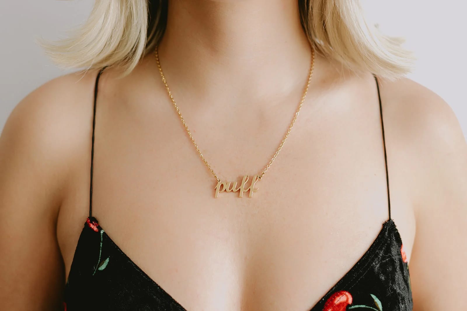 Frankie Smoke jewelry, PUFF necklace, cannabis necklace, stainless steel jewelry, gold plated necklace, silver plated necklace, statement necklace, hypoallergenic jewelry, bold chain, YENology accessories