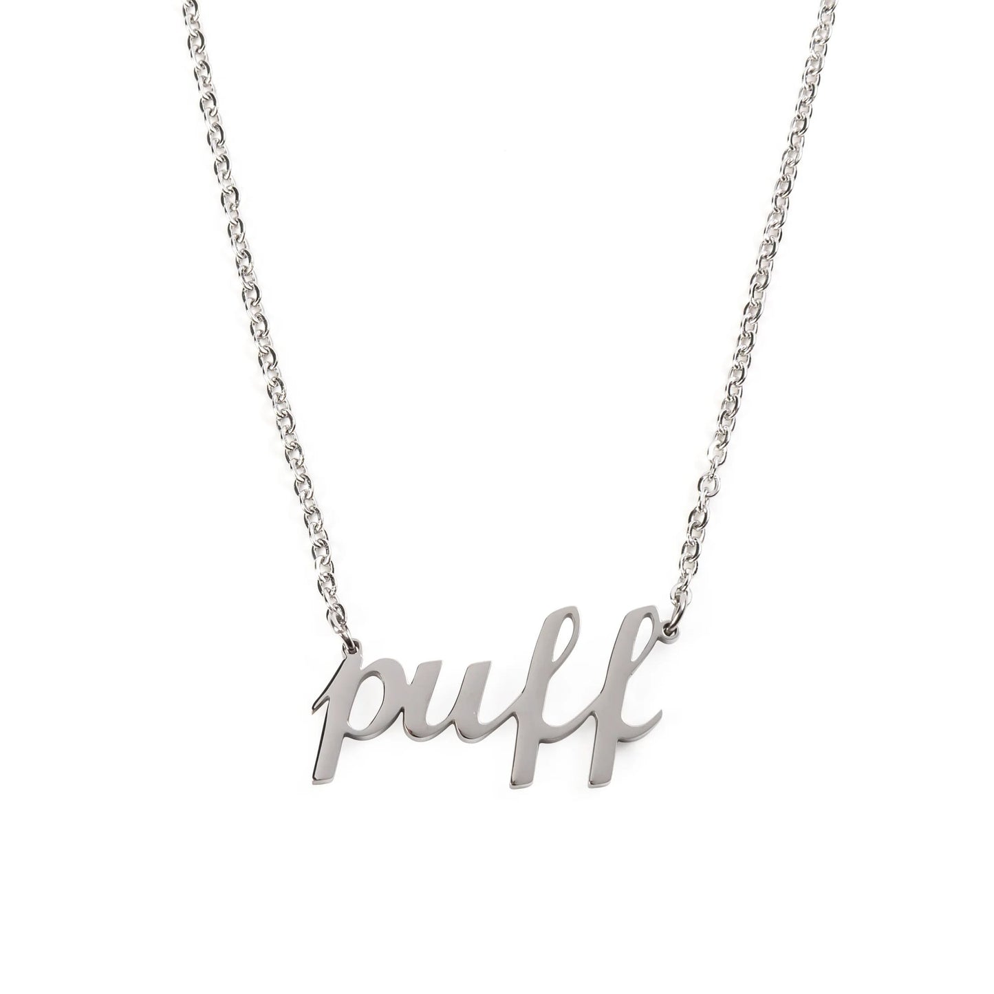 Silver necklace with 'puff' pendant on a white background