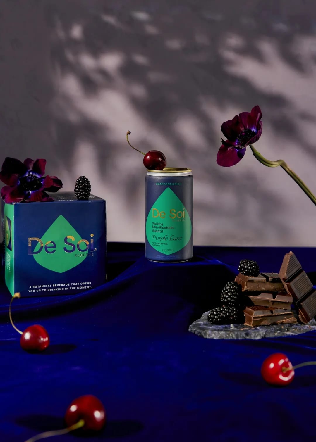 De Soi Purple Lune, non-alcoholic botanical drink, NA aperitif, ashwagandha beverage, tart cherry mocktail, alcohol-free unwind, adaptogen drink, De Soi can