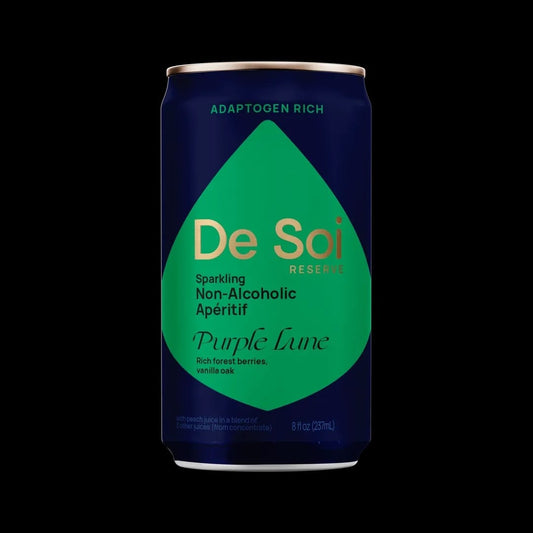 De Soi Purple Lune, non-alcoholic botanical drink, NA aperitif, ashwagandha beverage, tart cherry mocktail, alcohol-free unwind, adaptogen drink, De Soi can