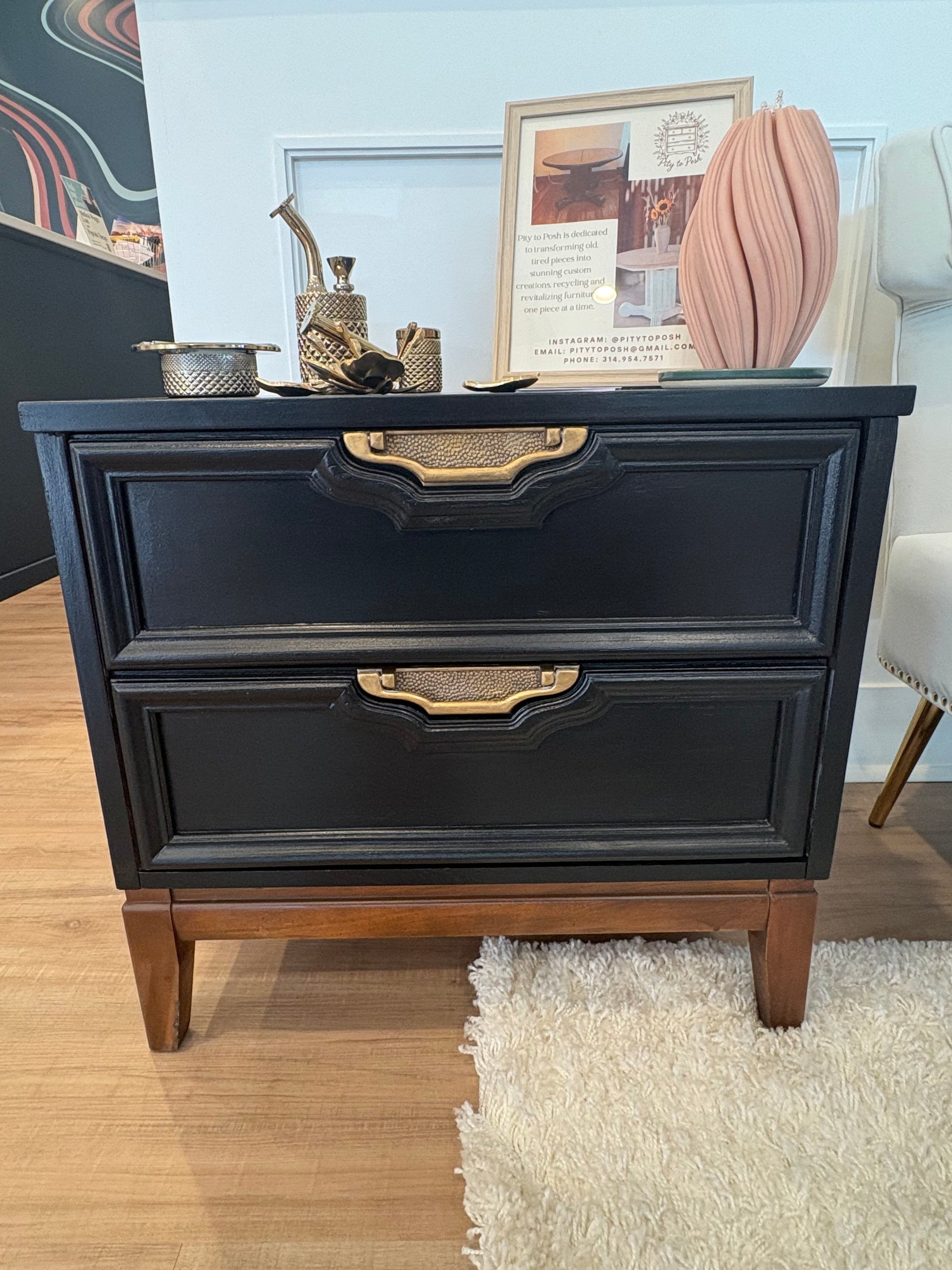 American of Martinsville nightstands, refurbished nightstand set, mid-century modern nightstands, black and walnut nightstands, vintage MCM furniture, gold handle nightstands, restored bedroom furniture