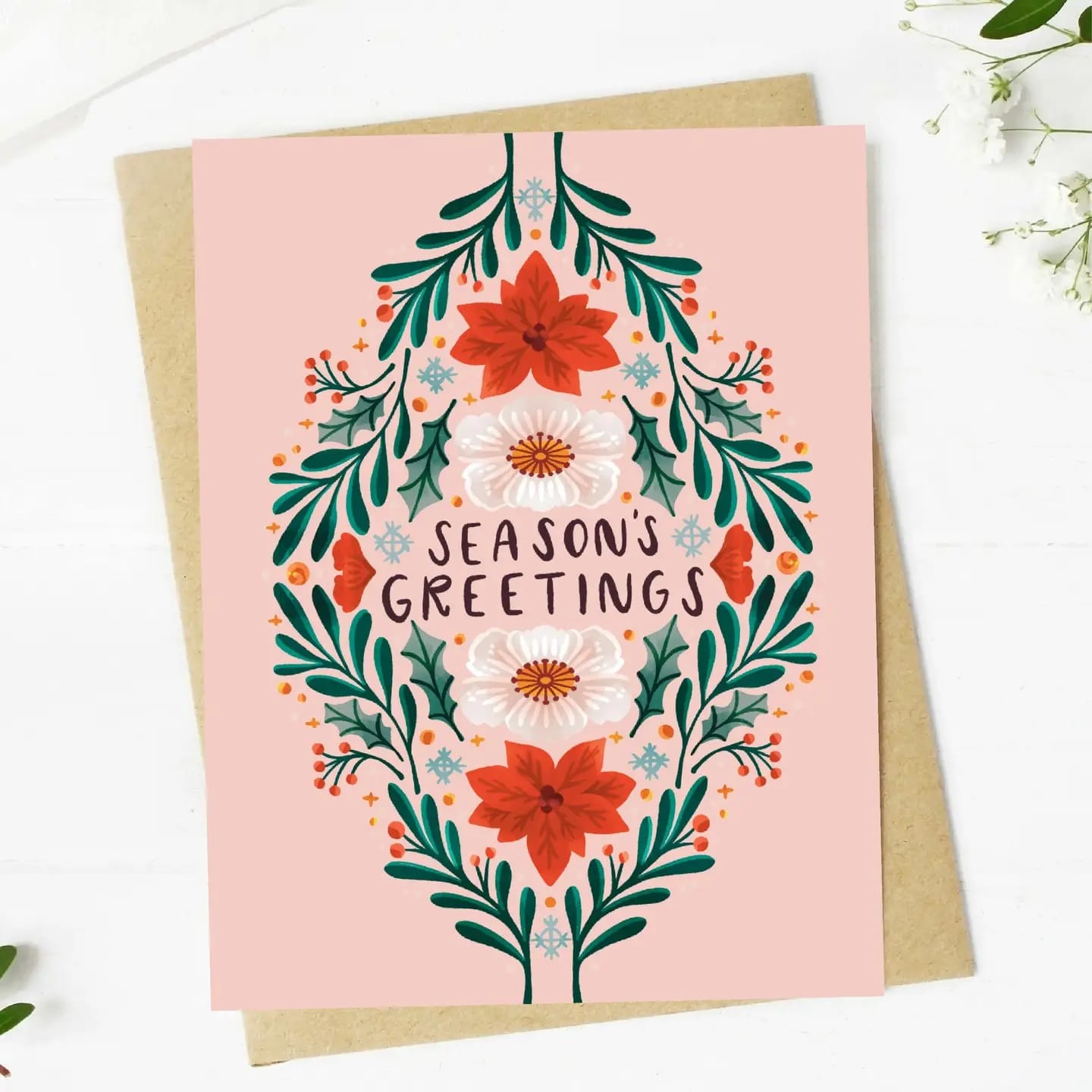 season’s greetings card, winter floral christmas card, elegant holiday card, blank christmas greeting, premium holiday stationery, festive floral card, matte finish card, holiday card for coworkers