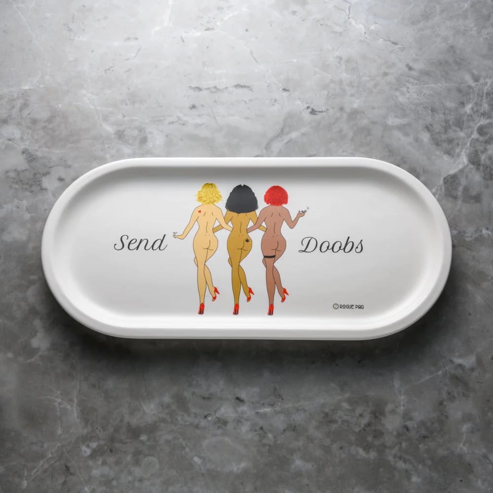 Rogue Paq Send Doobs tray
SendNudes valet rolling tray
Porcelain rolling tray
Cannabis catch-all tray
Designer smoke accessories
Retro can-can girl tray
Matte glaze porcelain tray
Coffee table rolling dish
Luxury cannabis decor
Flirty Rogue Paq accessory