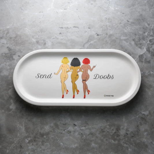 Rogue Paq Send Doobs tray
SendNudes valet rolling tray
Porcelain rolling tray
Cannabis catch-all tray
Designer smoke accessories
Retro can-can girl tray
Matte glaze porcelain tray
Coffee table rolling dish
Luxury cannabis decor
Flirty Rogue Paq accessory