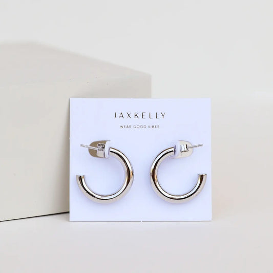 silver hoop earrings, smooth silver hoops, 20mm silver hoops, rhodium plated earrings, hypoallergenic silver earrings, everyday hoop earrings, classic silver jewelry