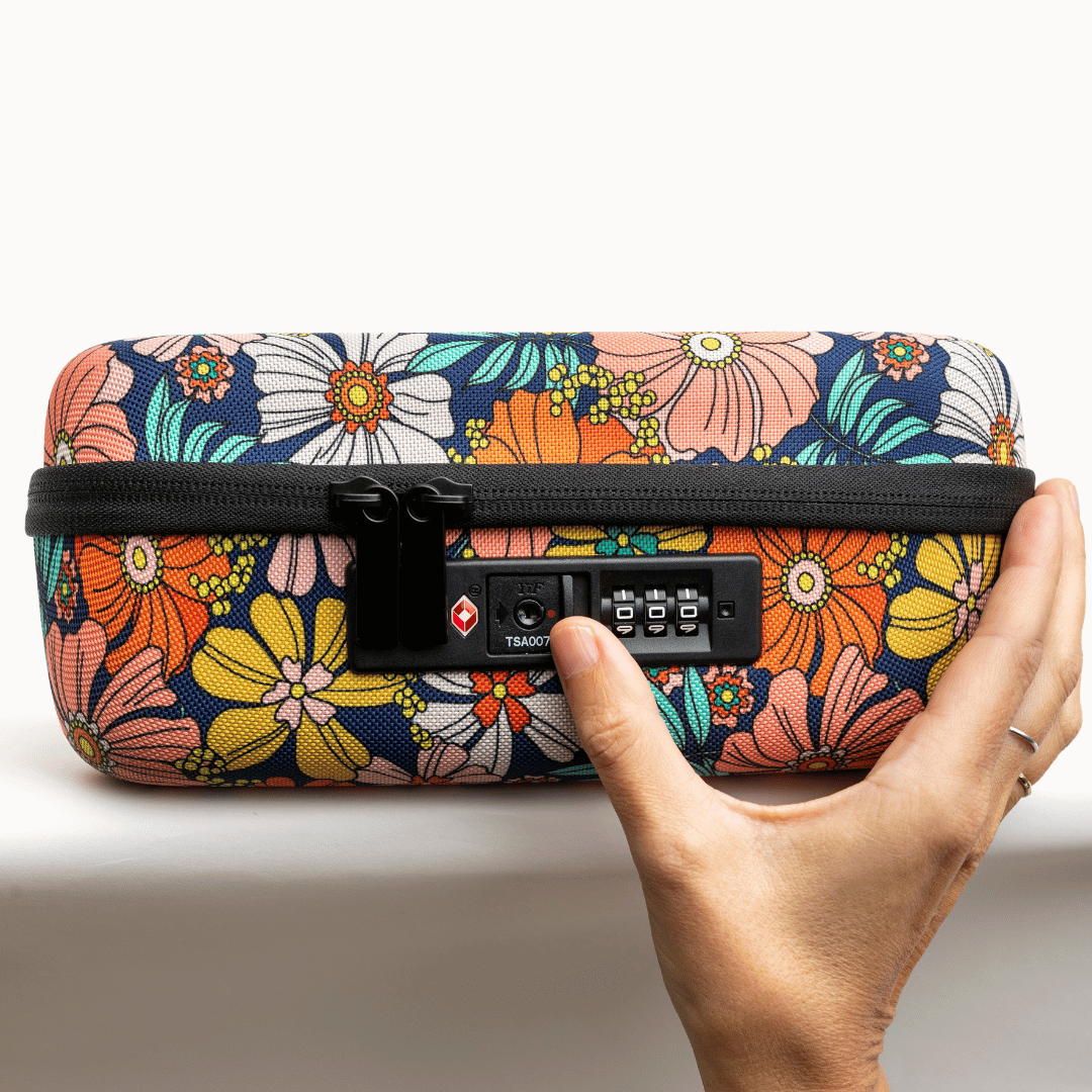 Colorful floral-patterned case held by a hand on a white background