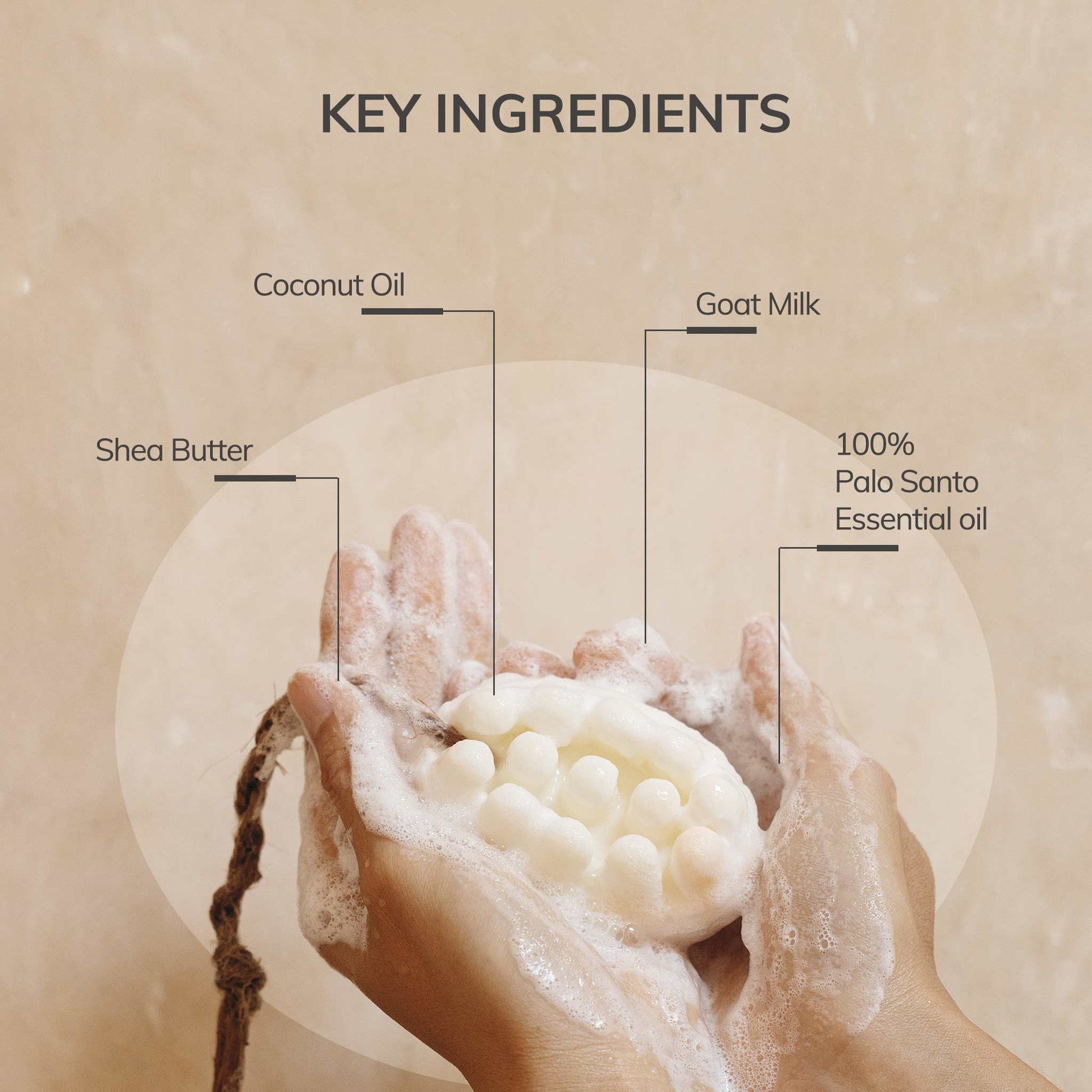 Product with labeled key ingredients including coconut oil, goat milk, shea butter, and 100% Palo Santo essential oil on a beige background.