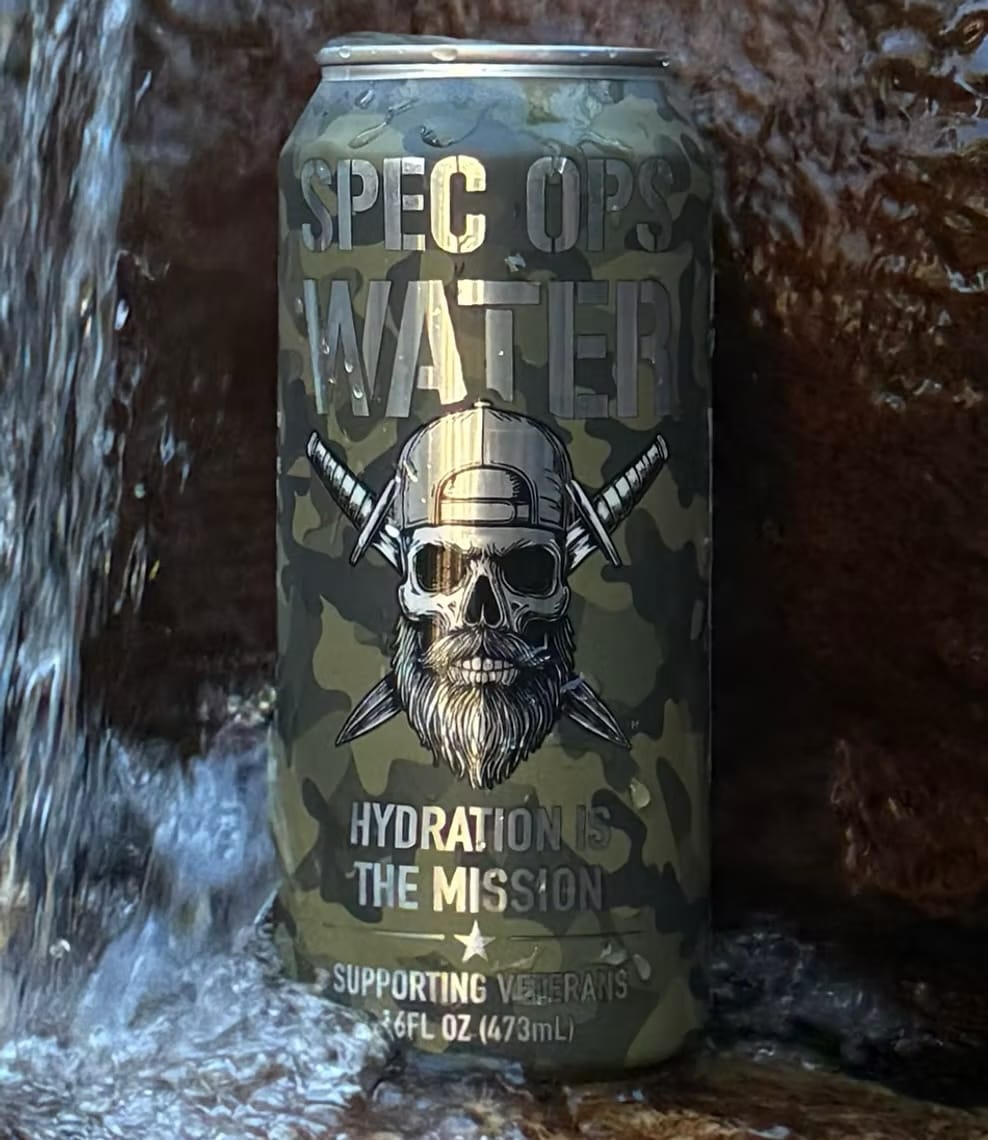 Can of Spec Ops Water with a skull design  about supporting veterans