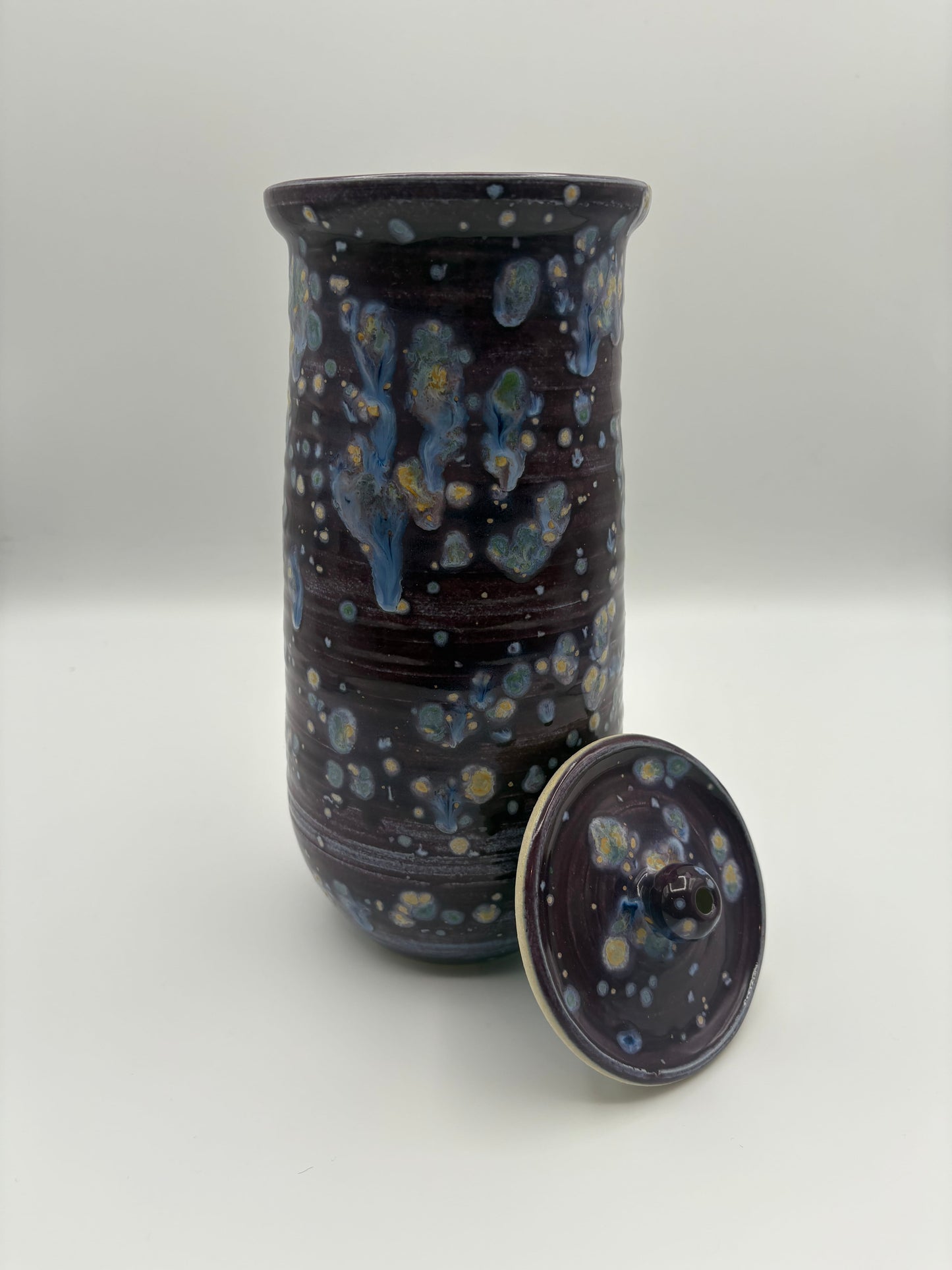 Speckled purple ceramic jar with lid 