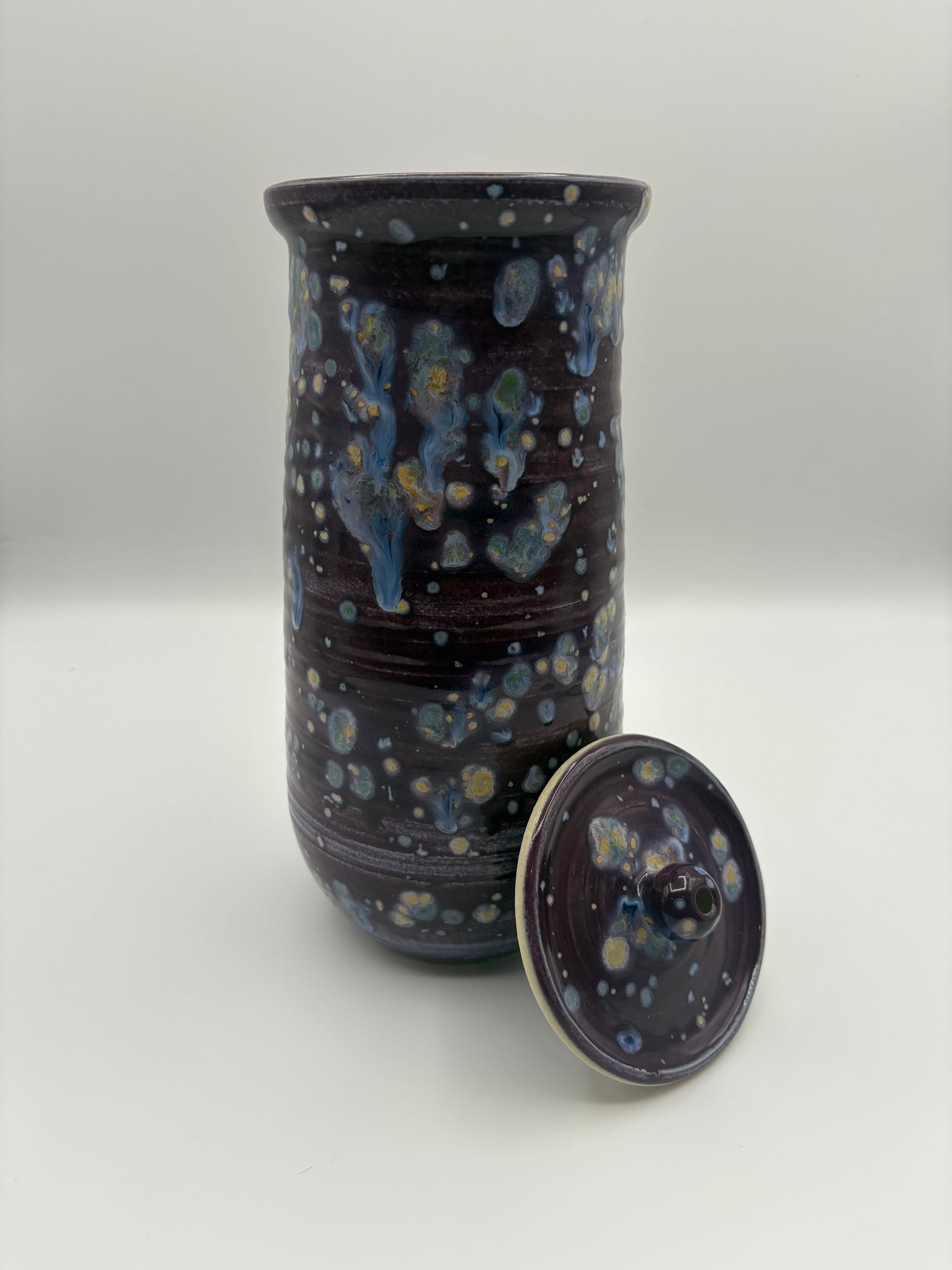 Speckled purple ceramic jar with lid 