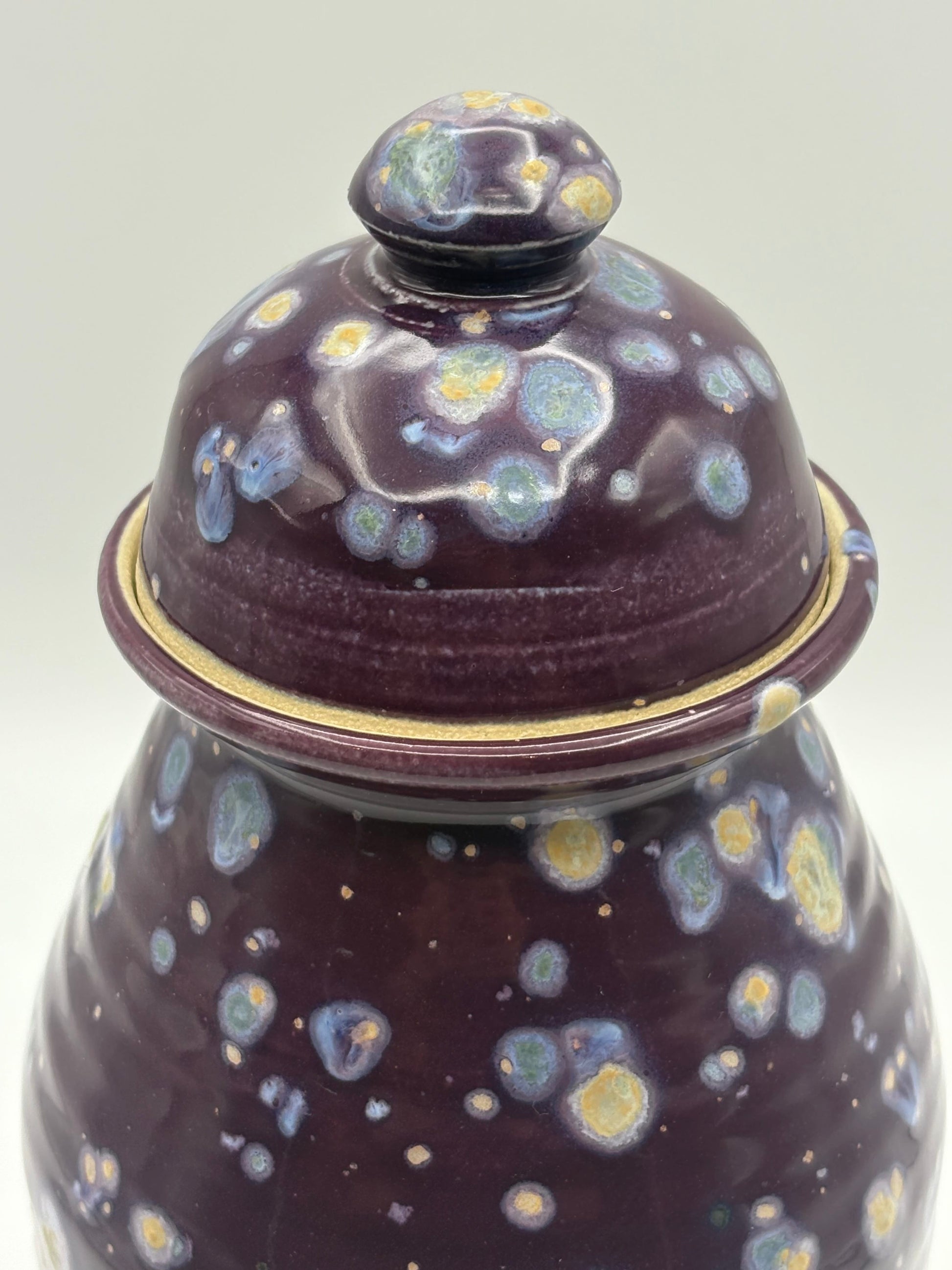 Ceramic jar with a lid featuring a speckled design 
